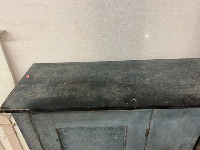A 19th century French painted pine two door side cabinet, width 161cm, depth 41cm, height 125cm
